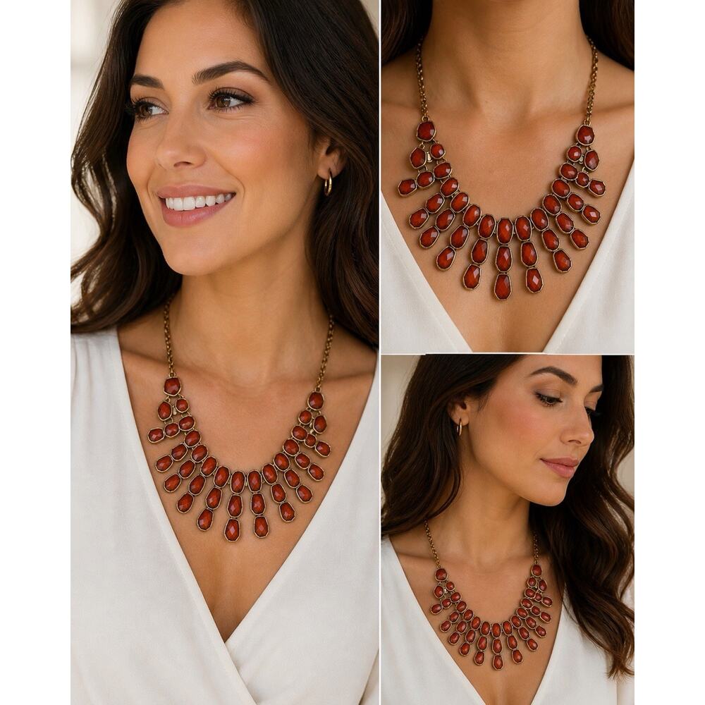 Lucky Brand Orange Statement Bib Cabochon Dangles Boho Necklace 16-18” Gold Tone